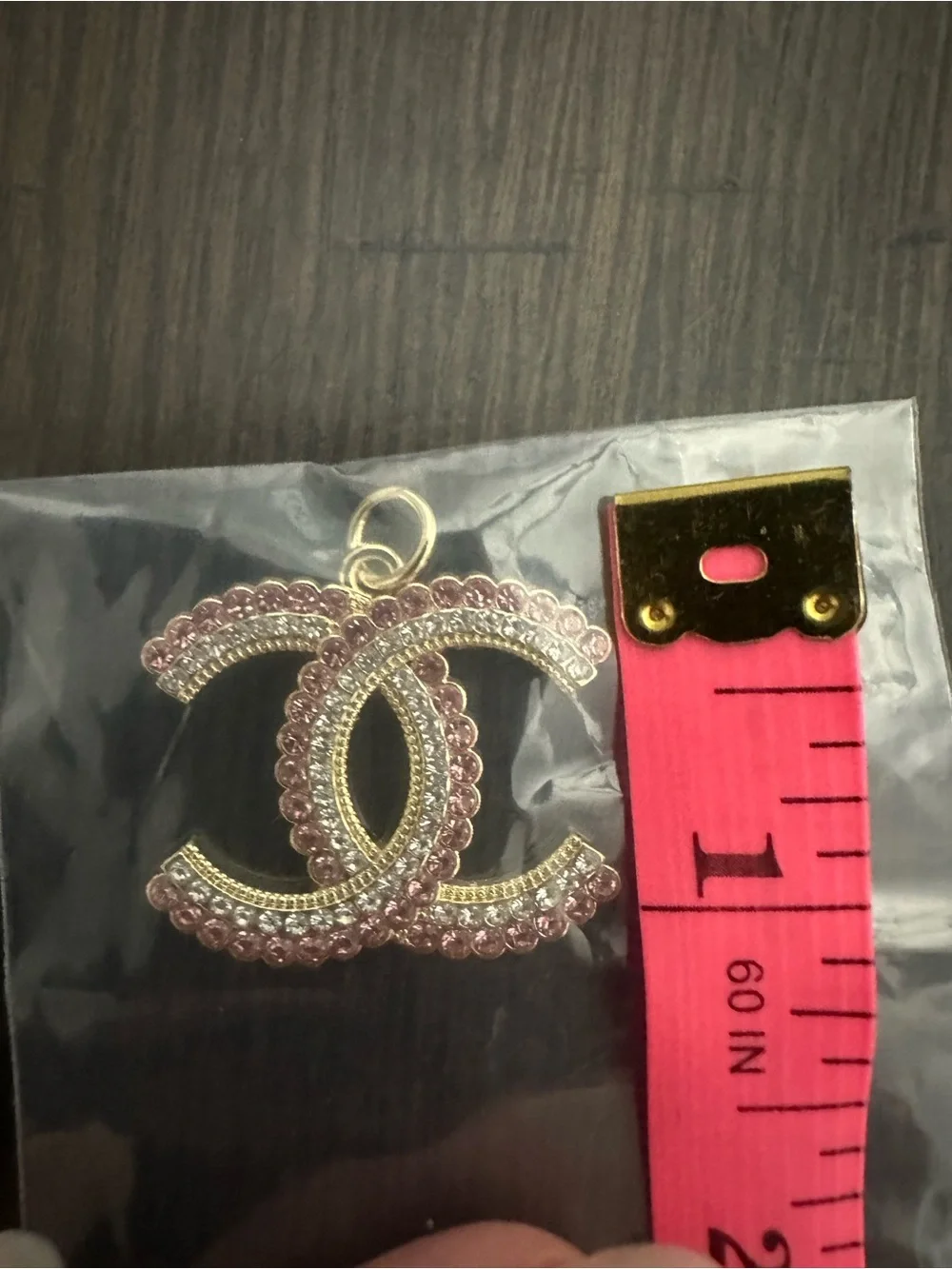 CC Chanel Pink and Gold Crystal Interlocking CC Pendant Necklace